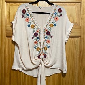 Silky floral embroidered top